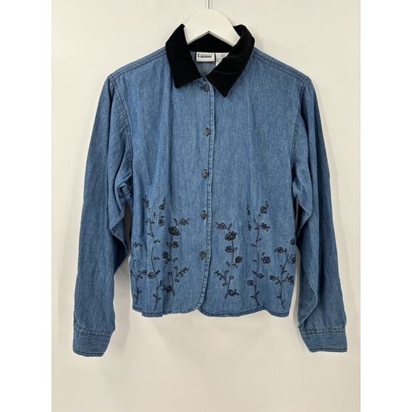 Capacity Vintage Button Blouse Womens Medium Blue Floral Embroidered Denim - Picture 1 of 15